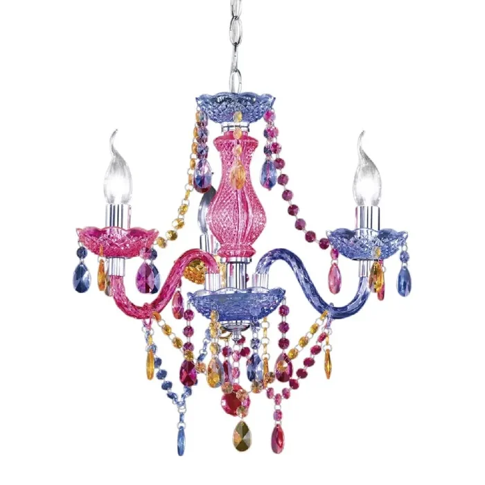 Chrome & Multicolour Acrylic Crystal Traditional 3 Lamp Pendant Chandelier