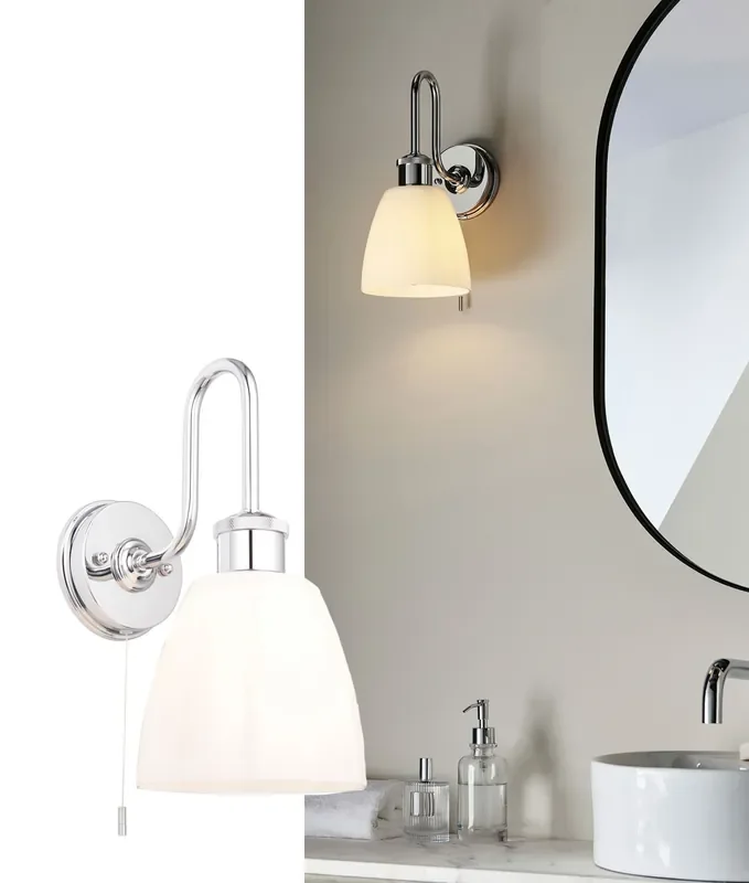 Chrome Swan Neck Wall Light with Opal Glass – IP44
