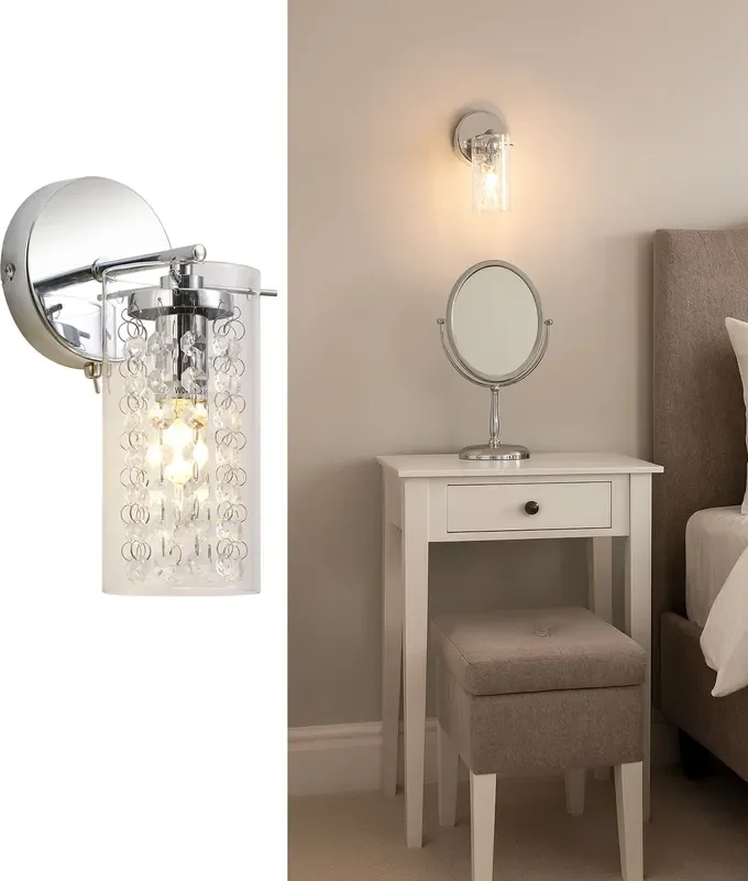 Clear Glass Wall Light in Polished Chrome with Crystal Glass