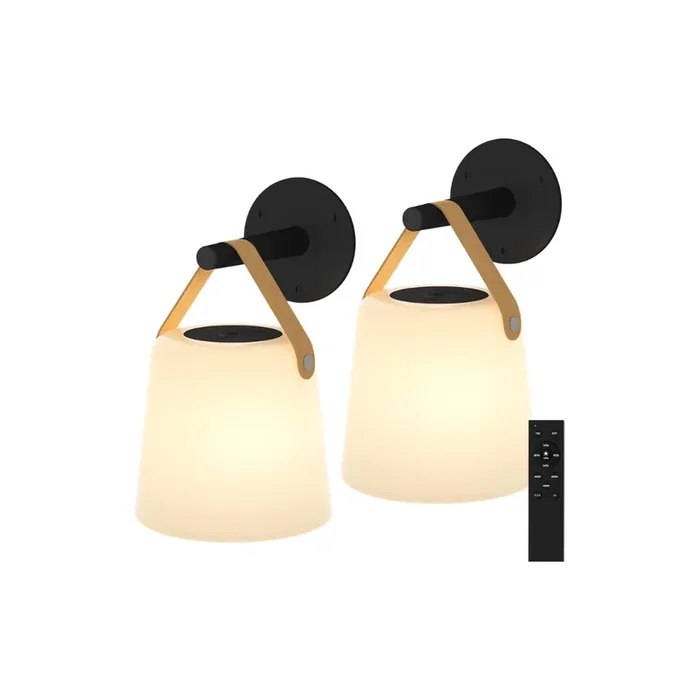 Cordless Rechargeable Wall Sconce Set of 2 – 3 Color Temperatures, 5 Brightness Levels, Remote Controlled, 5000mAh Battery, Plastic Frosted Shade for RV, Bedroom, Camper
