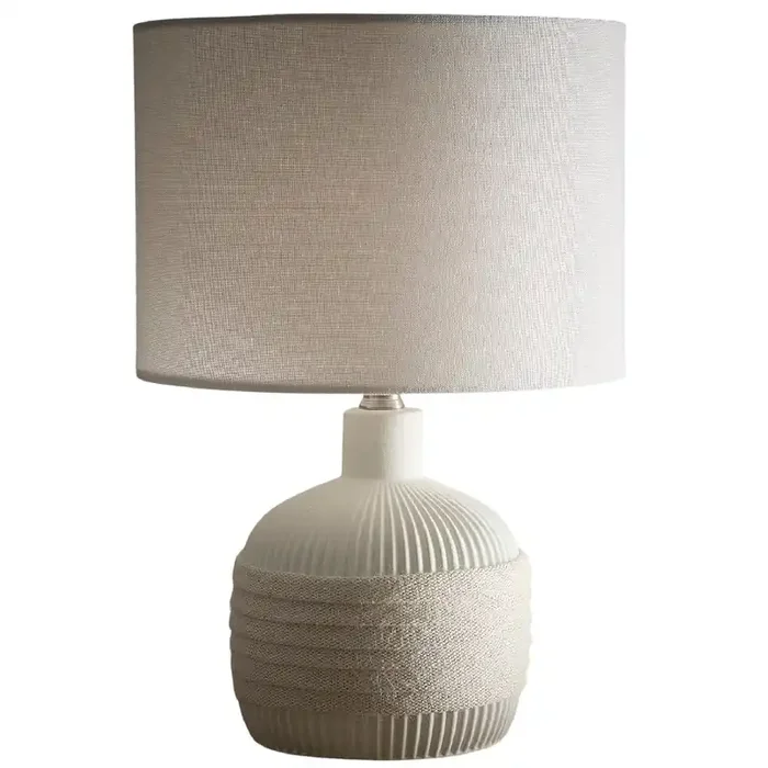 Cream Ribbed Ceramic with Rope Design Modern Table Lamp with Cream Linen Drum Lamp Shade 42cm