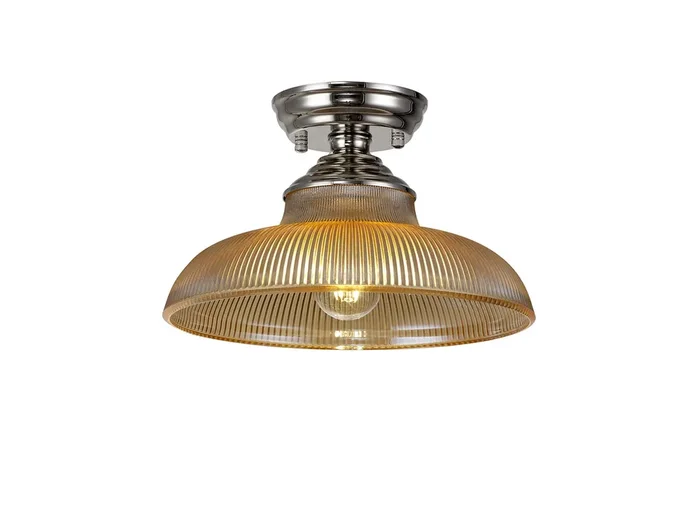 Damilo 1 Light Flush Ceiling E27 With Round 30cm Glass Shade Polished Nickel-Amber