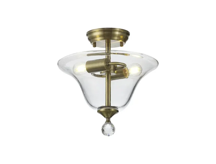 Damilo 2 Light Semi Flush Ceiling E27 With Smooth Bell 30cm Glass Shade Antique Brass-Clear