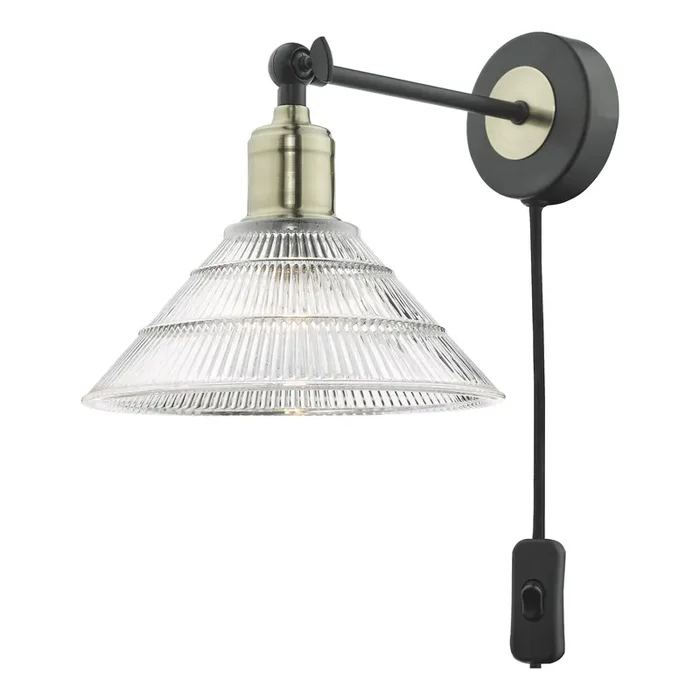 Dar Lighting Boyd Single Wall Light Antique Brass & Matt Black With Ribbed Glass Shade – Plug In • BOY0775