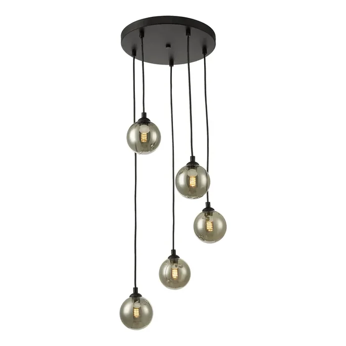 Dar Lighting Federico 5 Light Cluster Pendant Black Smoked Glass • FED0522-01