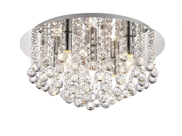 Deco Acton Flush Ceiling 5 Light E14, 460mm Round, Polished Chrome/Sphere Crystal • D0145