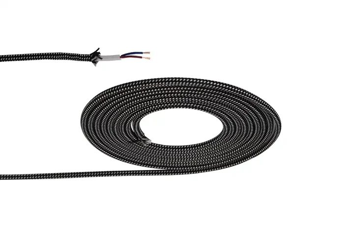 Deco Cavo 1m Black & White Spot Braided 2 Core 0.75mm Cable VDE Approved (qty ordered will be supplied as one continuous length) • D0531