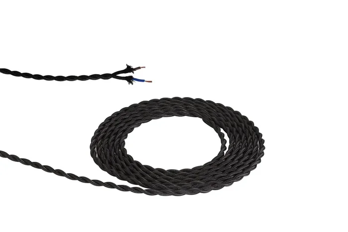Deco Cavo 1m Black Braided Twisted 2 Core 0.75mm Cable VDE Approved (qty ordered will be supplied as one continuous length) • D0241
