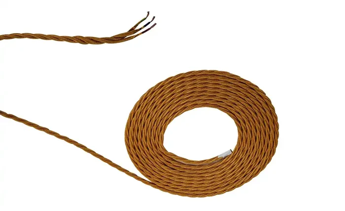 Deco Cavo 1m Gold Braided Twisted 3 Core 0.75mm Cable VDE Approved (qty ordered will be supplied as one continuous length) • D0667