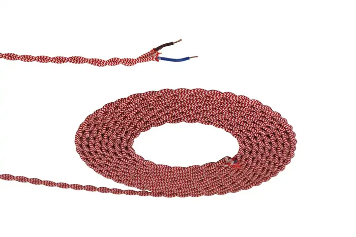 Deco Cavo 1m Red & White Wave Stripe Braided Twisted 2 Core 0.75mm Cable VDE Approved (qty ordered will be supplied as one continuous length) • D0543