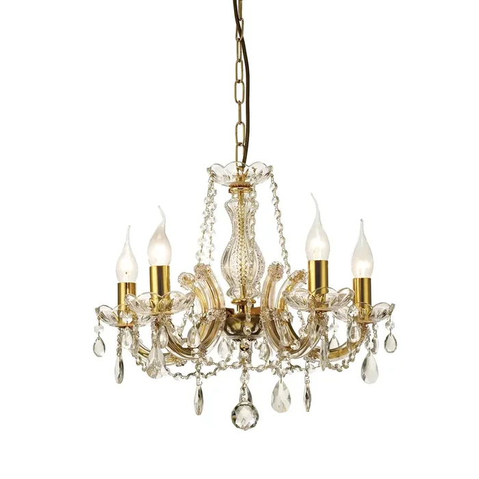 Deco Gabrielle Chandelier With Glass Sconce & Glass Crystal Droplets 5 Light E14 Polished Brass Finish • D0021