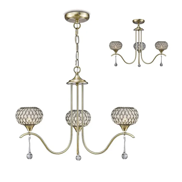 Diyas Chelsie Pendant 3 Light G9 Antique Brass/Clear Beaded Glass • IL31513