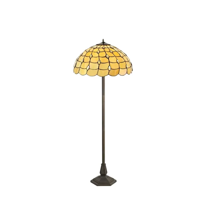 Donohue 2 Light Octagonal Floor Lamp E27 With 50cm Tiffany Shade, Beige-Clear Crystal-Aged Antique Brass