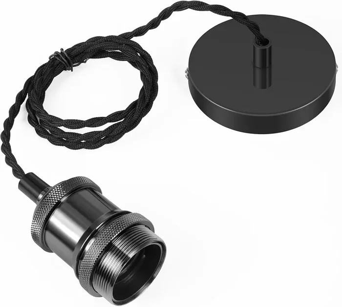 E27 Vintage Pendant Light Fitting Kit – Silver Black Ceiling Rose with Braided Flex Cord & Lamp Holder (1 Pack)