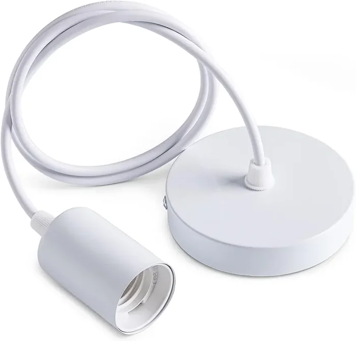 E27 White Pendant Light Fitting – Ceiling Lamp Holder with 1M Braided Cable, Metal Ceiling Pendant Light Set (1 Pack)