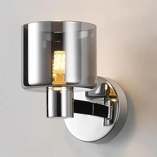 Elegant Chrome Wall Light – Modern Design with Smoked Grey Glass Shade