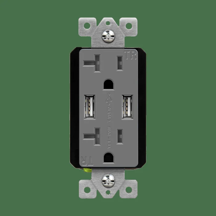 Enerlites 62001-TR2USB-CC-GY 20A Tamper Resistant Duplex Receptacle, (2) 4.8A USB Type A, Interchangeable Face Plates, Gray