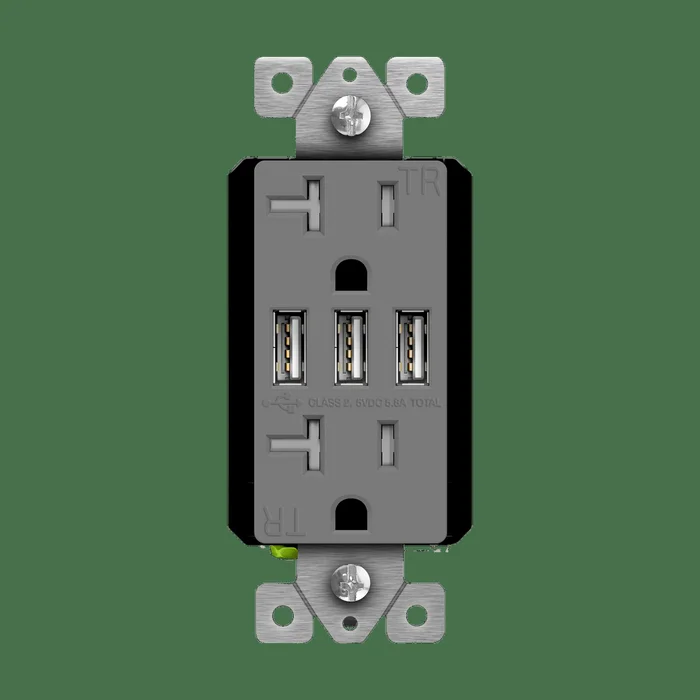 Enerlites 62001-TR3USB-CC-GY 20A Tamper Resistant Duplex Receptacle, (3) 5.8A USB Type A, Interchangeable Face Plates, Gray