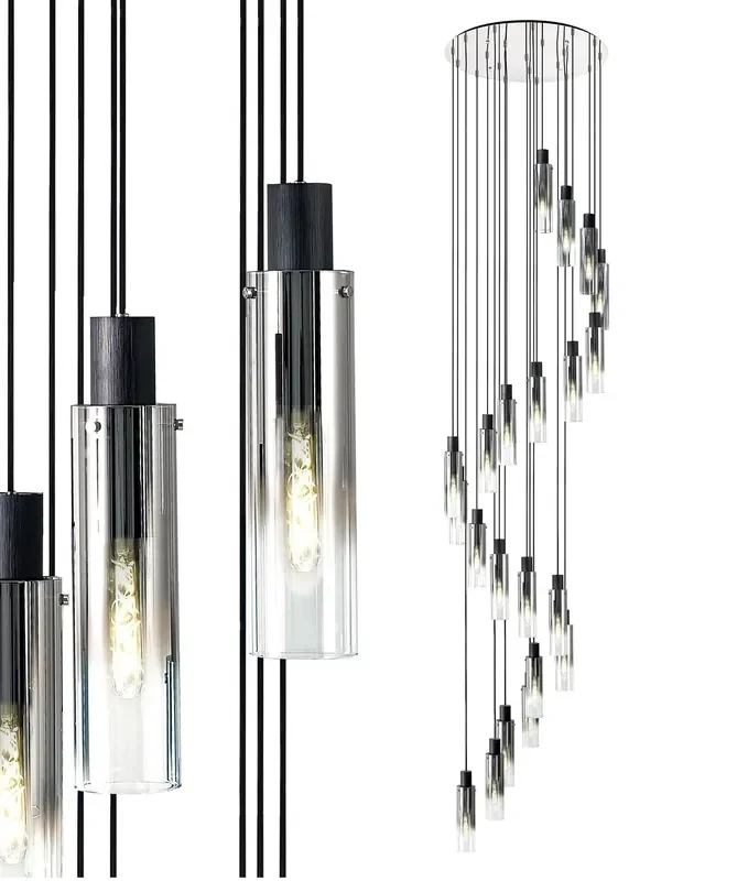 Extra Large Cascade Chrome Pendant with 21 Black-Smoke Fade Glass Shades