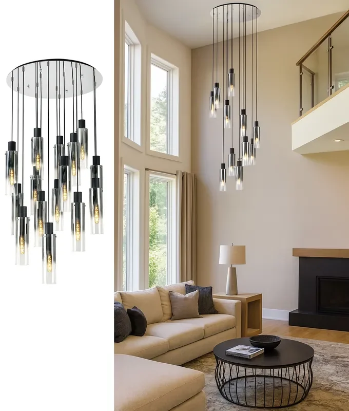 Extra Long Cascade Pendant with 15 Black-Smoke Fade Glass Shades