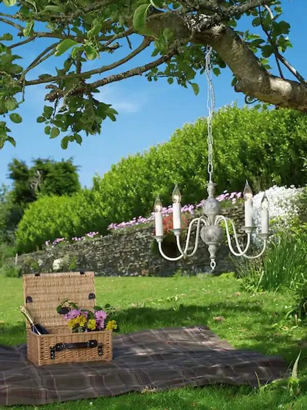 Flemish 5 Light Distressed Powder Grey and Gold Pendant Light