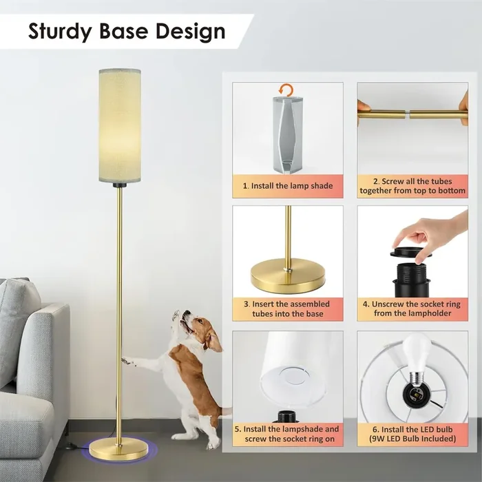 Floor Lamp Grey Standing Lamp with Remote Control, Stepless Dimmable Color Temperatures, 9W Bulb Included, Modern Gold Pole Standard Corner Lamp with Foot Switch for Living Room, Bedroom, Office