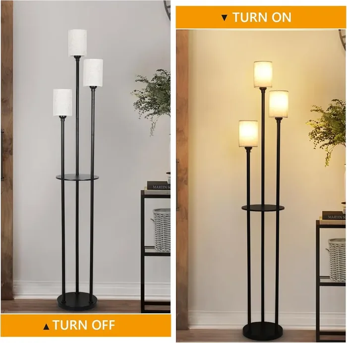 Floor Lamp with Shelves, Modern 3-Light Standing Lamp with Linen Shades and Foot Switch, Black Industrial Tall Lamp for Living Room