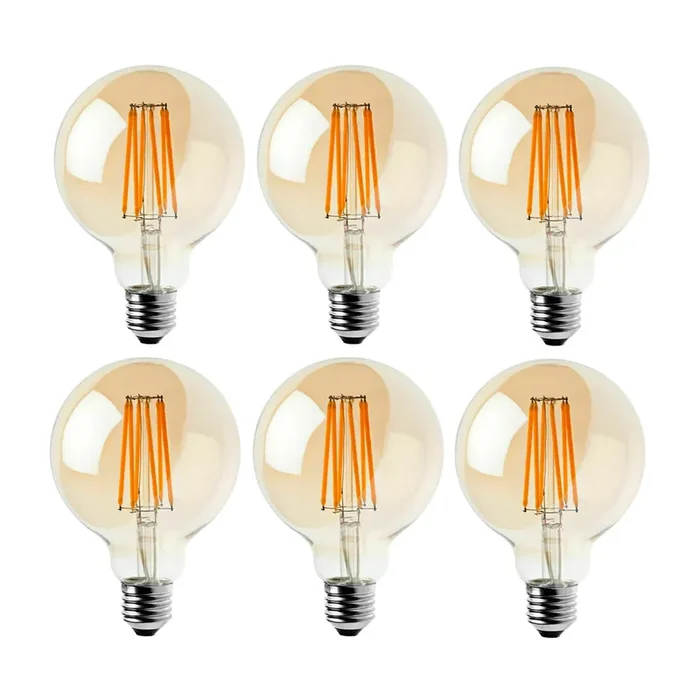 G95 E27 8W Edison Dimmable LED Bulbs – Vintage Amber – Warm White – 6 Pack