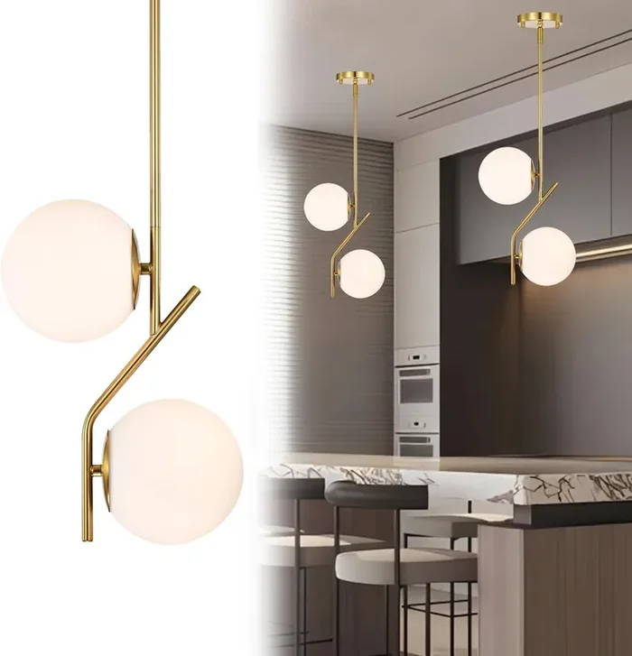 Gold Globe Pendant Light with 2 Frosted Glass Shades Mid-Century Modern Pendant Lighting for Kitchen, Dining, Bedroom & Hallway