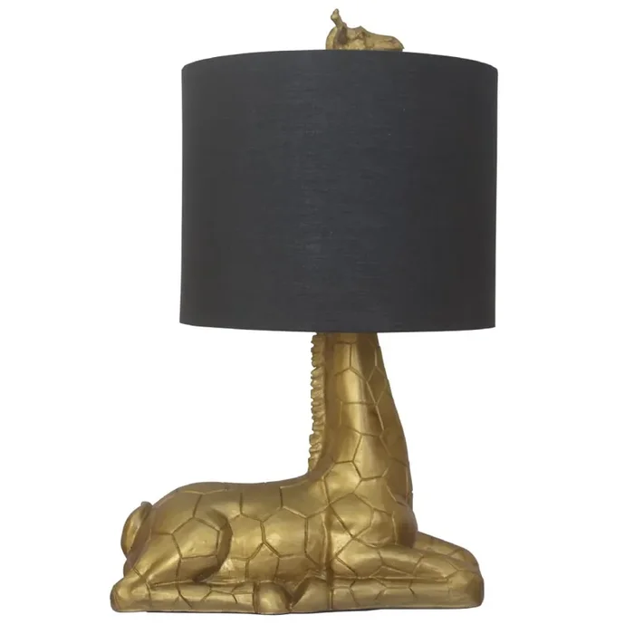 Gold Resin Sitting Down Giraffe Table Lamp with Black Drum Shade 48cm
