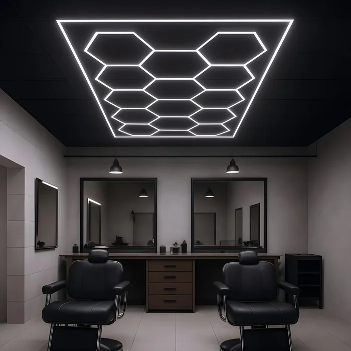 Hexagon LED Garage Lights with Rectangle Frame, 14 Hex Kit (57pcs), 6w/pc (Total Power 534W), 6500K, 120-130lm/w, AC100-277v,IP44, CRI:>80, For Garage, Shop, Gym, Basement, Barbershop, Warehouse