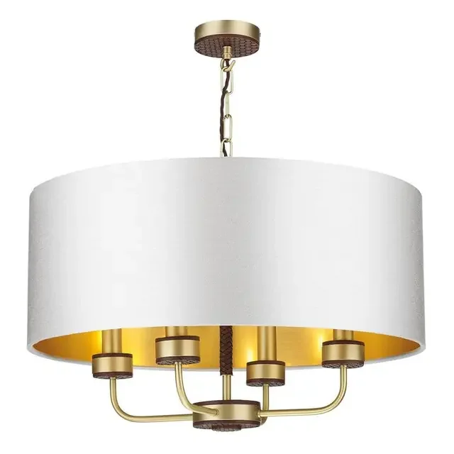 Hunter 4 Light Butter Brass and Leather Shaded Pendant Light