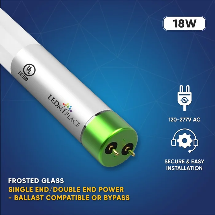 Hybrid T8 4ft LED Tube/Bulb – Glass 18W 2400 Lumens 5000K Frosted, Single End/Double End Power – Ballast Compatible or Bypass (Check Compatibility List) – 15-Pack