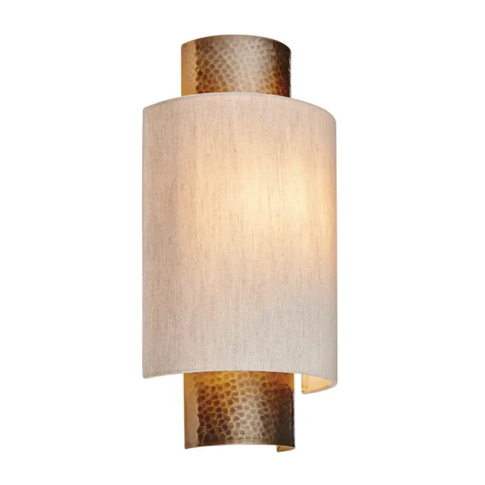 Indara Semi Flush Wall Light in Hammered Antique Brass with Linen Shade, Handmade. 1x ES Bulbs