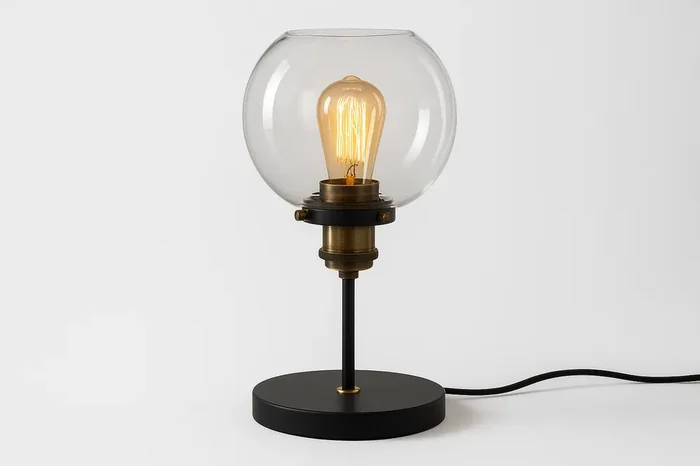Industrial Steampunk Black & Gold Table Lamp with Clear Glass Globe – Includes 4W LED Bulb