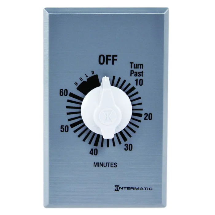 Intermatic FF60MHC Spring Wound Countdown Timer, Commercial, 125-277 VAC, 50/60 Hz, SPST, 60 Minute Max, With Hold, Silver