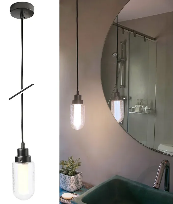 LED IP44 Gunmetal LED Bathroom Pendant Light – Textured Glass