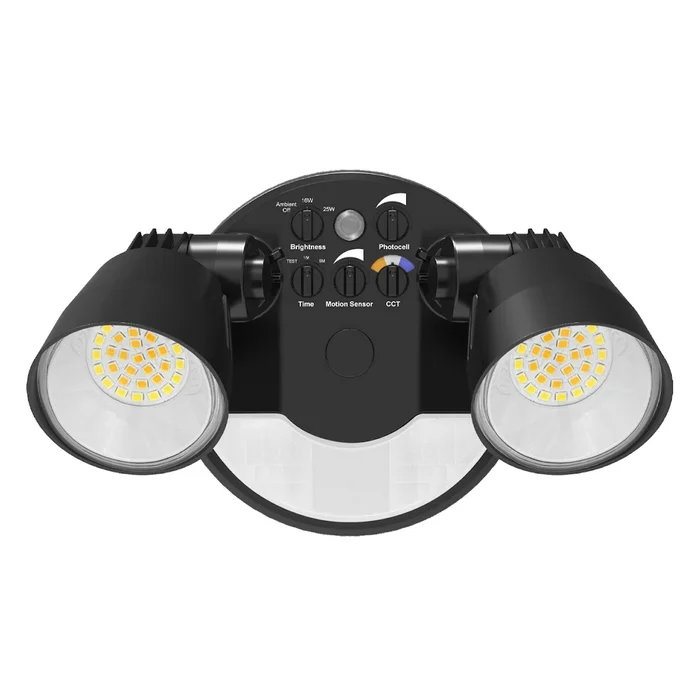 LED Security Light, Round Double Head, 3250 Lumen Max, Wattage and CCT Selectable, Motion Sensor, 120V, Bronze, Black or White Finish