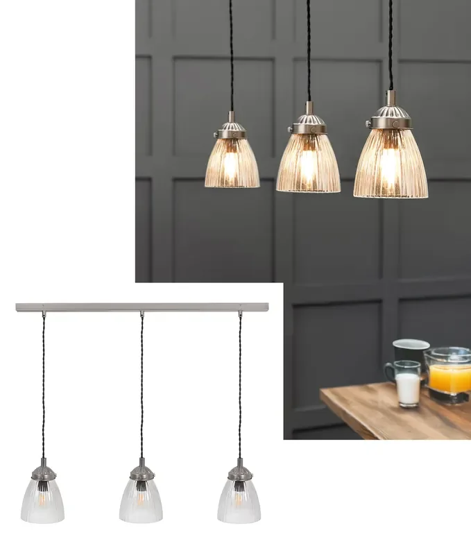 Les Trois Parisiennes – 3 Light Breakfast Bar Pendant with Ribbed Glass Shade