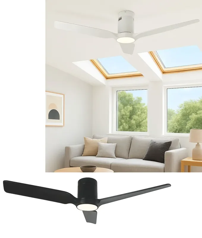 Low Profile Ceiling Fan – Flush Fit, CCT Adjustable with Flat Wooden Paddle-Style Blades -132cm