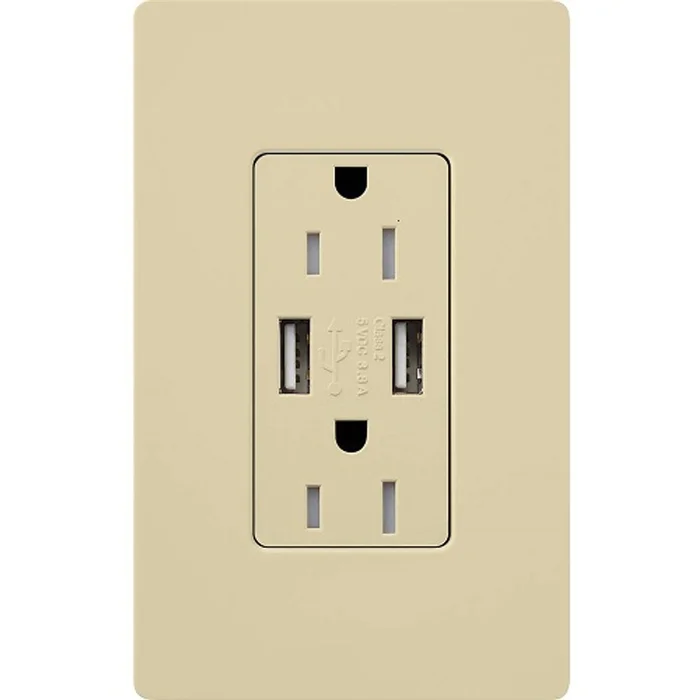 Lutron CAR-15-UBTR-IV 15A 125V Tamper Resistant (2) USB Duplex Receptacle, Ivory
