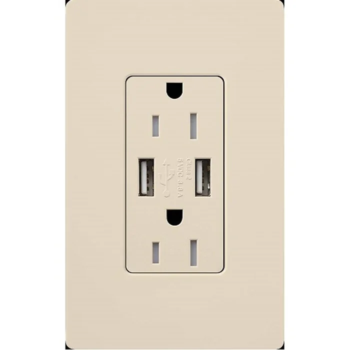 Lutron CAR-15-UBTR-LA 15A 125V Tamper Resistant (2) USB Duplex Receptacle, Light Almond