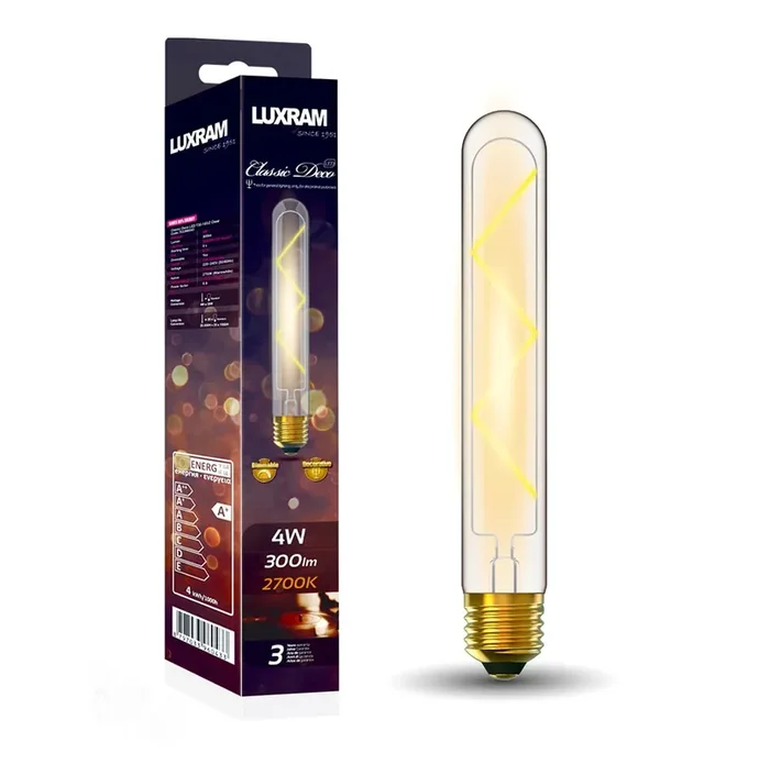 Luxram Classic Deco LED 185mm Tubular E27 Dimmable 4W 2700K Warm White, 300lm, Clear Glass, 3yrs Warranty • 703397043