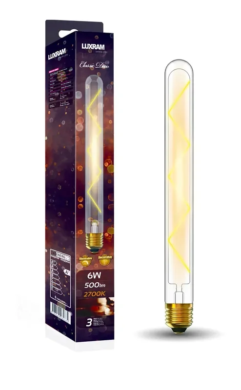 Luxram Classic Deco LED 280mm Tubular E27 Dimmable 6W 2700K Warm White, 500lm, Clear Glass, 3yrs Warranty • 703391263