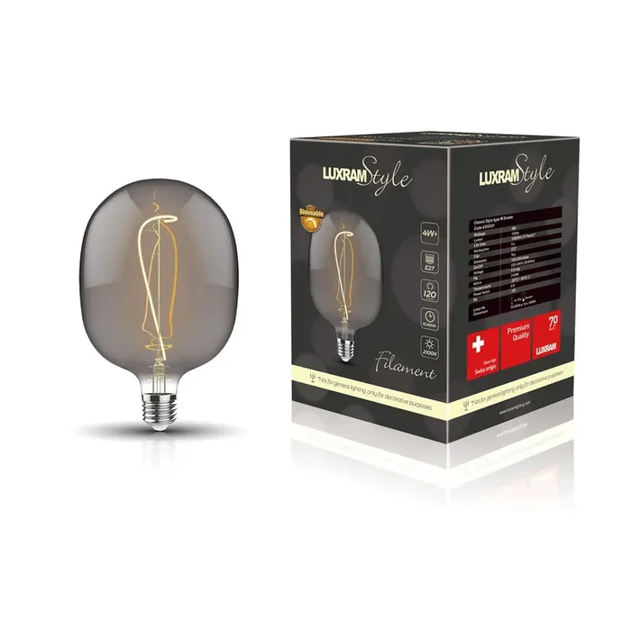 Luxram Classic Style LED Type M E27 Dimmable 220-240V 4W 2100K, 120lm, Smoke Finish, 3yrs Warranty • 4300301