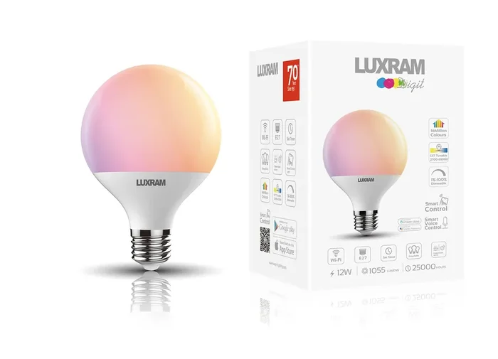 Luxram Digit Wi-Fi LED Smart Lamp,12W E27 Globe 95mm, RGB+CCT 2700K-6400K, 1055lm, APP Control, Alexa & Google Voice Control, 3yrs Warranty • 3000242
