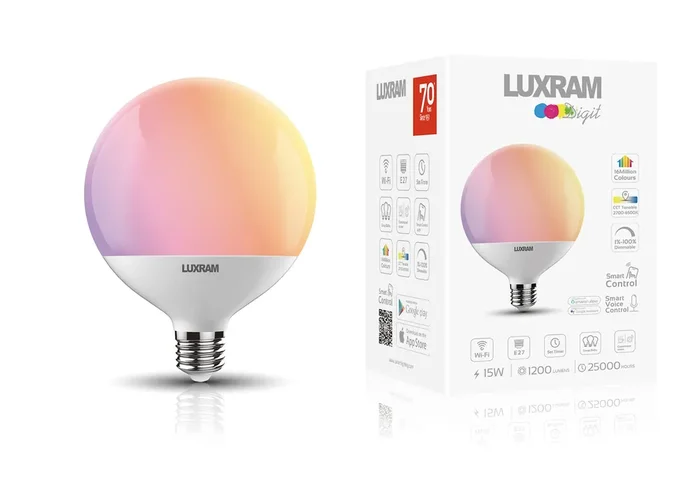 Luxram Digit Wi-Fi LED Smart Lamp,15W E27 Globe 120mm, RGB+CCT 2700K-6400K, 1200lm, APP Control, Alexa & Google Voice Control, 3yrs Warranty • 3000252