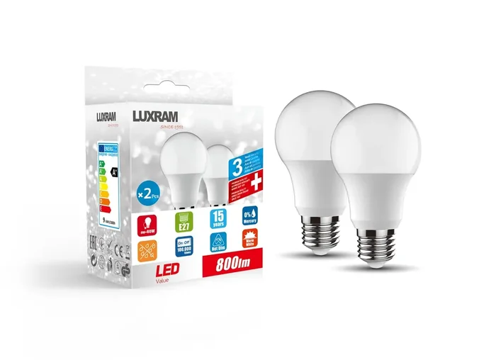Luxram Duo-pack LED GLS E27 9W 800lm 3000K Warm White Linear Driver 3yrs Warranty • 1910002