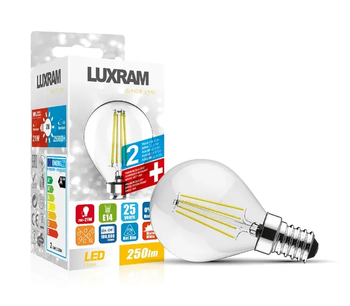 Luxram Value Classic LED Ball E14 2W Warm White 2700K, 250lm, Colour-Box (Clear) , 3yrs Warranty • 763512113