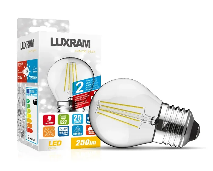 Luxram Value Classic LED Ball E27 2W Warm White 2700K, 250lm, Colour-Box (Clear) , 3yrs Warranty • 763511113